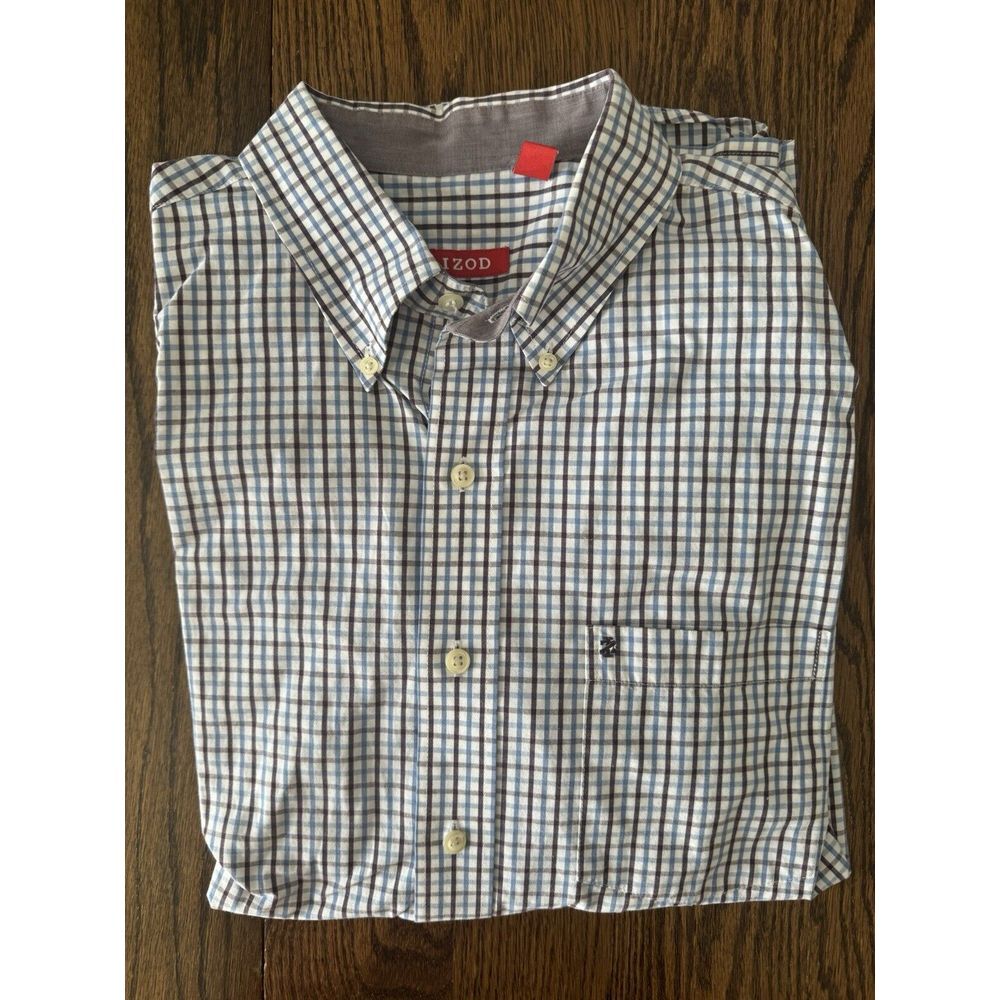 Izod Long Sleeve Blue White Plaid Button Down Shirt Size L Mens
